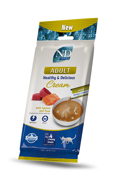 N&D Gatto Ocean Snack Adult in Crema con Salmone e Tonno 4 x 15g