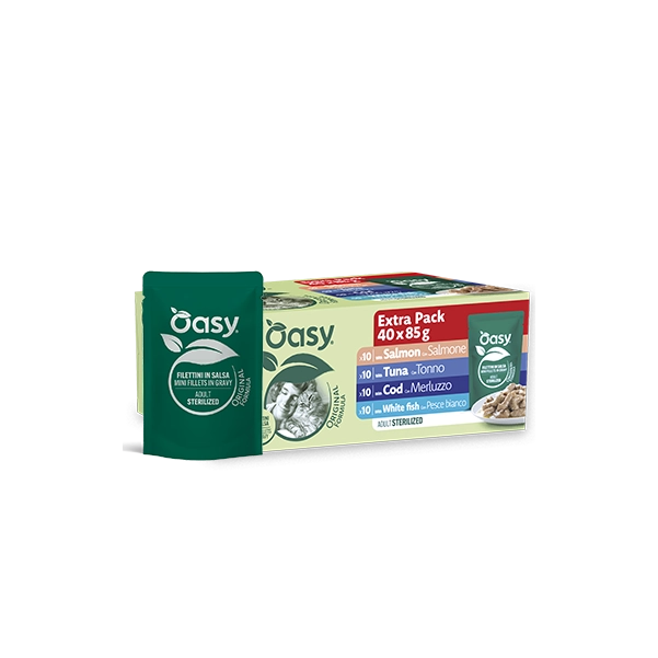 Oasy Gatto Adult Sterilized Extra Pack 40x85g Filetti in Salsa con Salmone, Tonno, Merluzzo, e Pessce Bianco