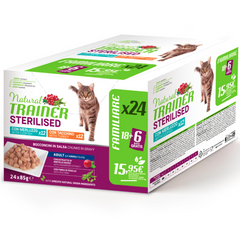 Trainer Natural Umido per gatti sterilizzati Multipack Merluzzo e Tacchino 24 Buste Da 85g