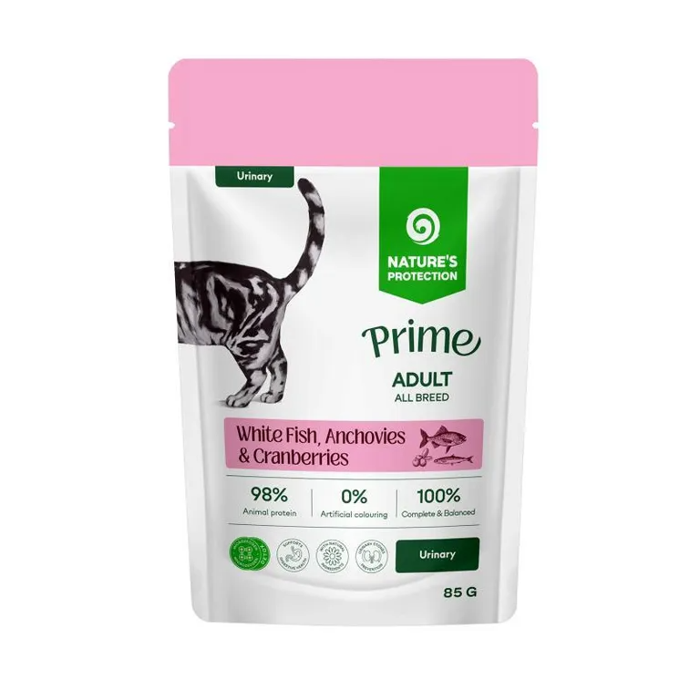 Nature's Protection Prime Umido Gatto Urinary Pesce Bianco, Acciughe e Mirtilli Rossi 85g