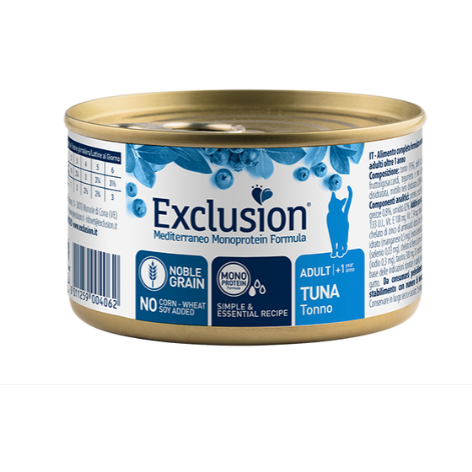 Exclusion Mediterraneo Monoprotein Noble Grain Cibo Umido per Gatti Adulti Lattina 85g